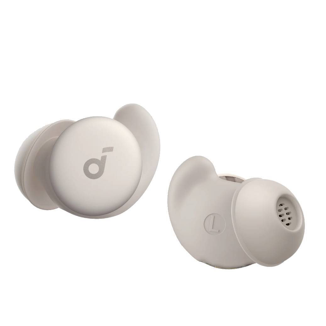 Gray wireless earbuds with a distinct oval shape, featuring the Soundcore logo on one side and an ergonomic ear tip design.