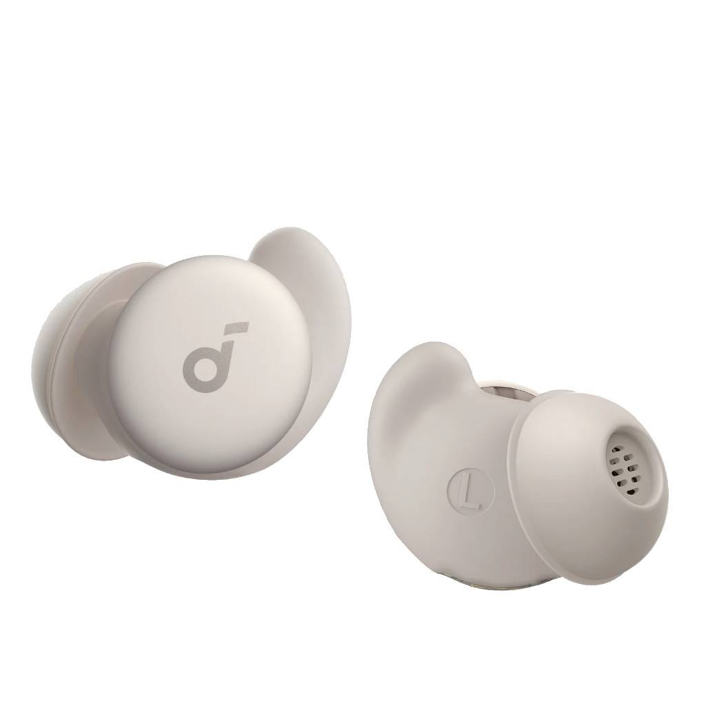 Gray wireless earbuds with a distinct oval shape, featuring the Soundcore logo on one side and an ergonomic ear tip design.