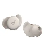 Gray wireless earbuds with a distinct oval shape, featuring the Soundcore logo on one side and an ergonomic ear tip design.