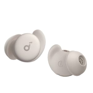 Gray wireless earbuds with a distinct oval shape, featuring the Soundcore logo on one side and an ergonomic ear tip design.