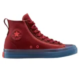 A red high-top Converse Chuck Taylor All Star sneaker with a transparent blue sole and the Converse logo on the side.