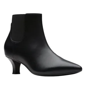 Black ankle boot with a low heel and elastic side panel.