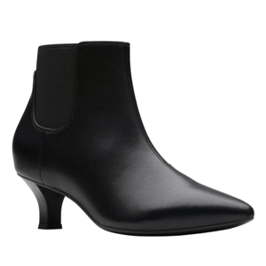 Black ankle boot with a low heel and elastic side panel.