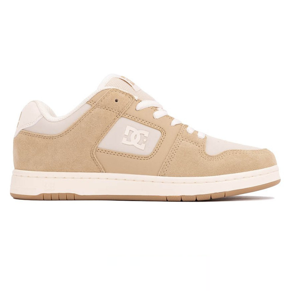 Tan and white DC skate shoe with a suede finish and lace-up design, featuring the DC logo on the side.