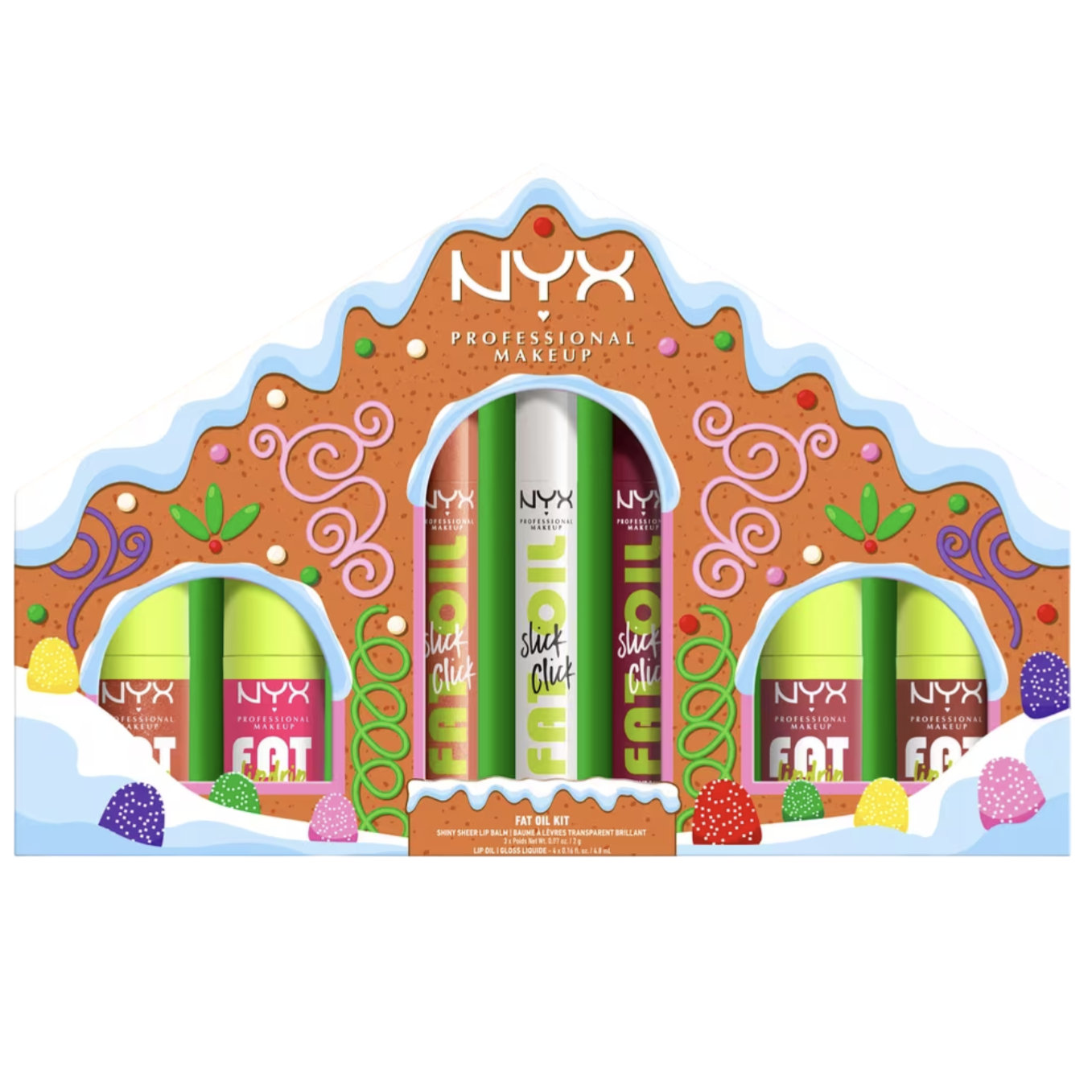 NYX Professional Makeup Fat Oil Kit features a set of lip oils and balms in a gingerbread-themed package. Includes \“Slick Click\“ and other lip care items.