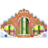 NYX Professional Makeup Fat Oil Kit features a set of lip oils and balms in a gingerbread-themed package. Includes \“Slick Click\“ and other lip care items.