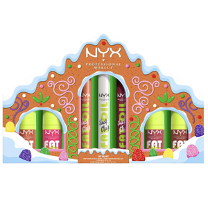 NYX Professional Makeup Fat Oil Kit features a set of lip oils and balms in a gingerbread-themed package. Includes \“Slick Click\“ and other lip care items.