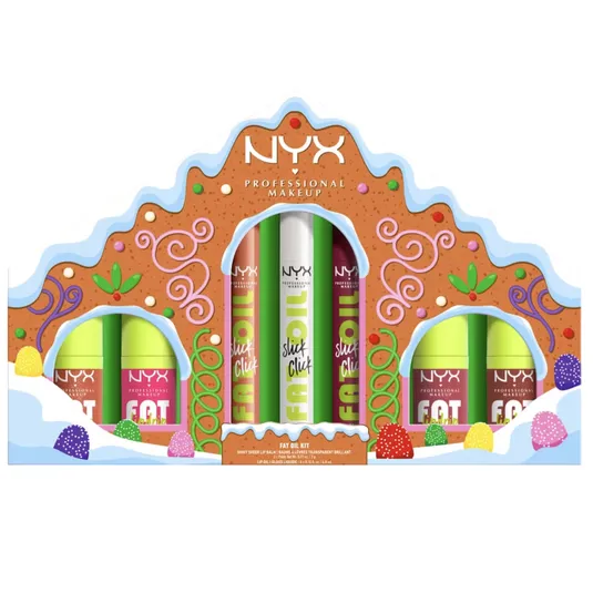 NYX Professional Makeup Fat Oil Kit features a set of lip oils and balms in a gingerbread-themed package. Includes \“Slick Click\“ and other lip care items.