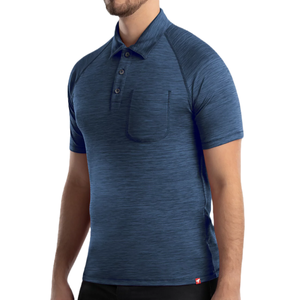A blue short-sleeve performance polo with a collared, button-up design and a small chest pocket.