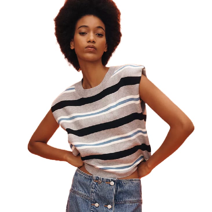 Sleeveless knit top with gray, black, and light blue stripes, paired with a high-waisted denim skirt featuring a button-front design.