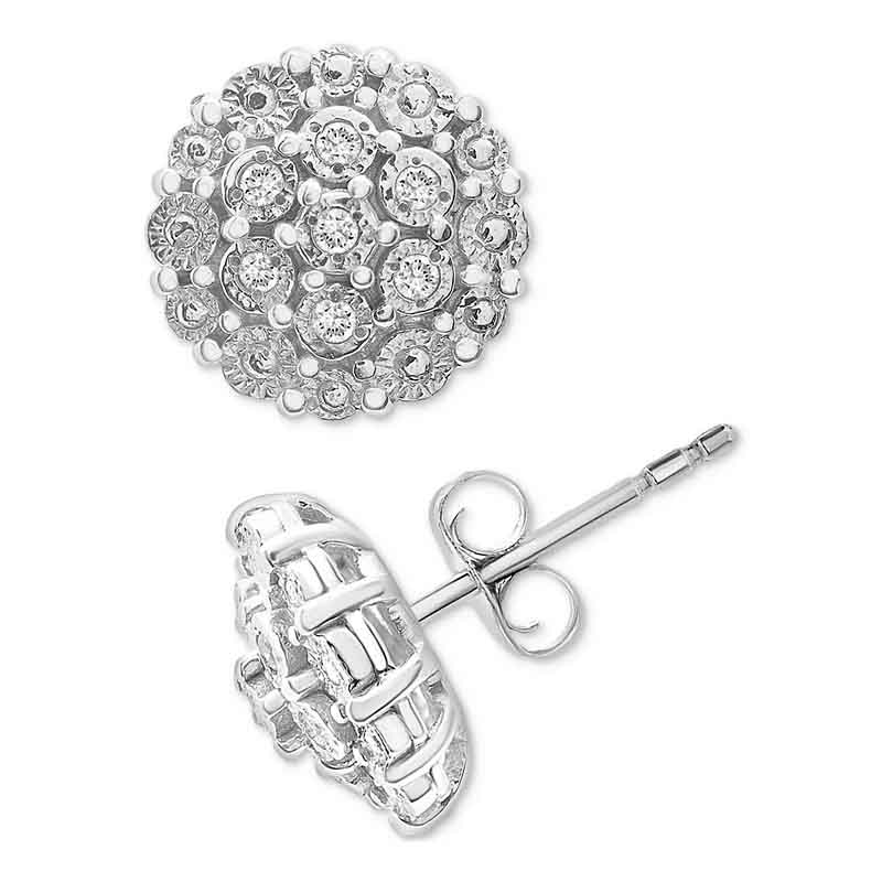 Round diamond cluster stud earrings in a silver setting, featuring multiple small gems arranged in a floral pattern, with a post and butterfly back closure.