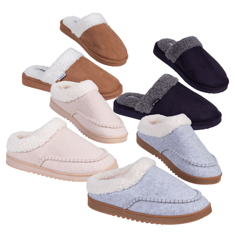 Various colors of cozy slippers with soft linings displayed on a white background.