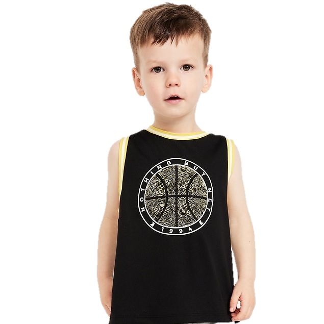A young child is wearing a black sleeveless basketball jersey with yellow trim featuring a graphic of a basketball and the text \“NOTHING BUT NET 1994.\“