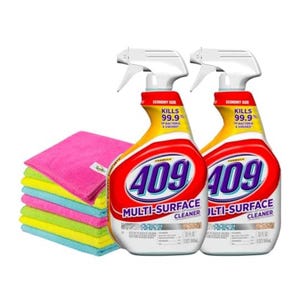 Two bottles of 409 Multi-Surface Cleaner accompanied by a stack of colorful microfiber cleaning cloths in pink, yellow, green, and blue.