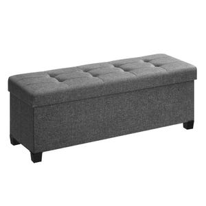 Tufted gray fabric storage bench with black legs.