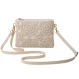 A cream-colored crochet clutch with a detailed floral pattern and a long, detachable strap.