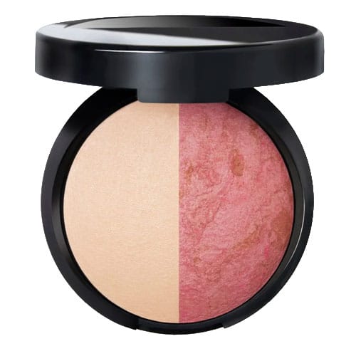 A round compact containing a duo of pressed powders, one side in a neutral beige tone and the other in a marbled pink shade, housed in a black casing.