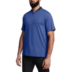 The UA Playoff 3.0 Dash Polo is a short-sleeve, blue athletic shirt with a black collar and slight v-neck design. It's made from moisture-wicking fabric and features the Under Armour logo on the left sleeve.