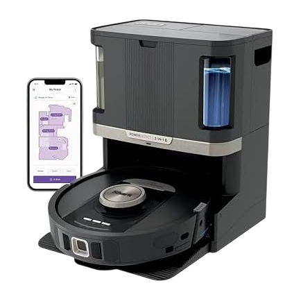 Robot vacuum with docking station, smartphone control, side brush, cleaning solution, and two additional filter replacements.