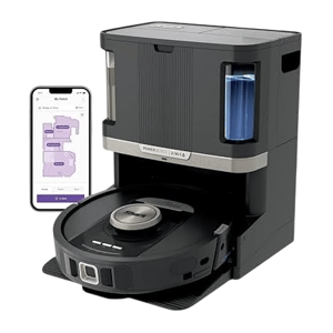 Robot vacuum with docking station, smartphone control, side brush, cleaning solution, and two additional filter replacements.