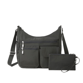 A dark grey crossbody bag with multiple exterior pockets, a zipper pouch, and an adjustable strap. Includes attached wristlet.