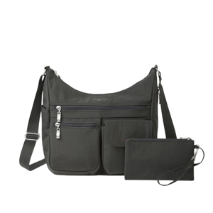 A dark grey crossbody bag with multiple exterior pockets, a zipper pouch, and an adjustable strap. Includes attached wristlet.