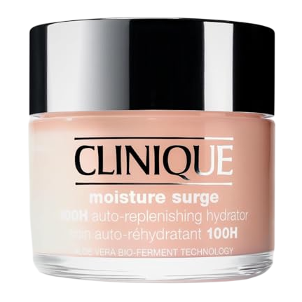 Clinique Moisture Surge 100H auto-replenishing hydrator with aloe vera bio-ferment technology, in a jar with a black lid.