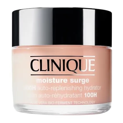Clinique Moisture Surge 100H auto-replenishing hydrator with aloe vera bio-ferment technology, in a jar with a black lid.