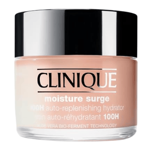 Clinique Moisture Surge 100H auto-replenishing hydrator with aloe vera bio-ferment technology, in a jar with a black lid.