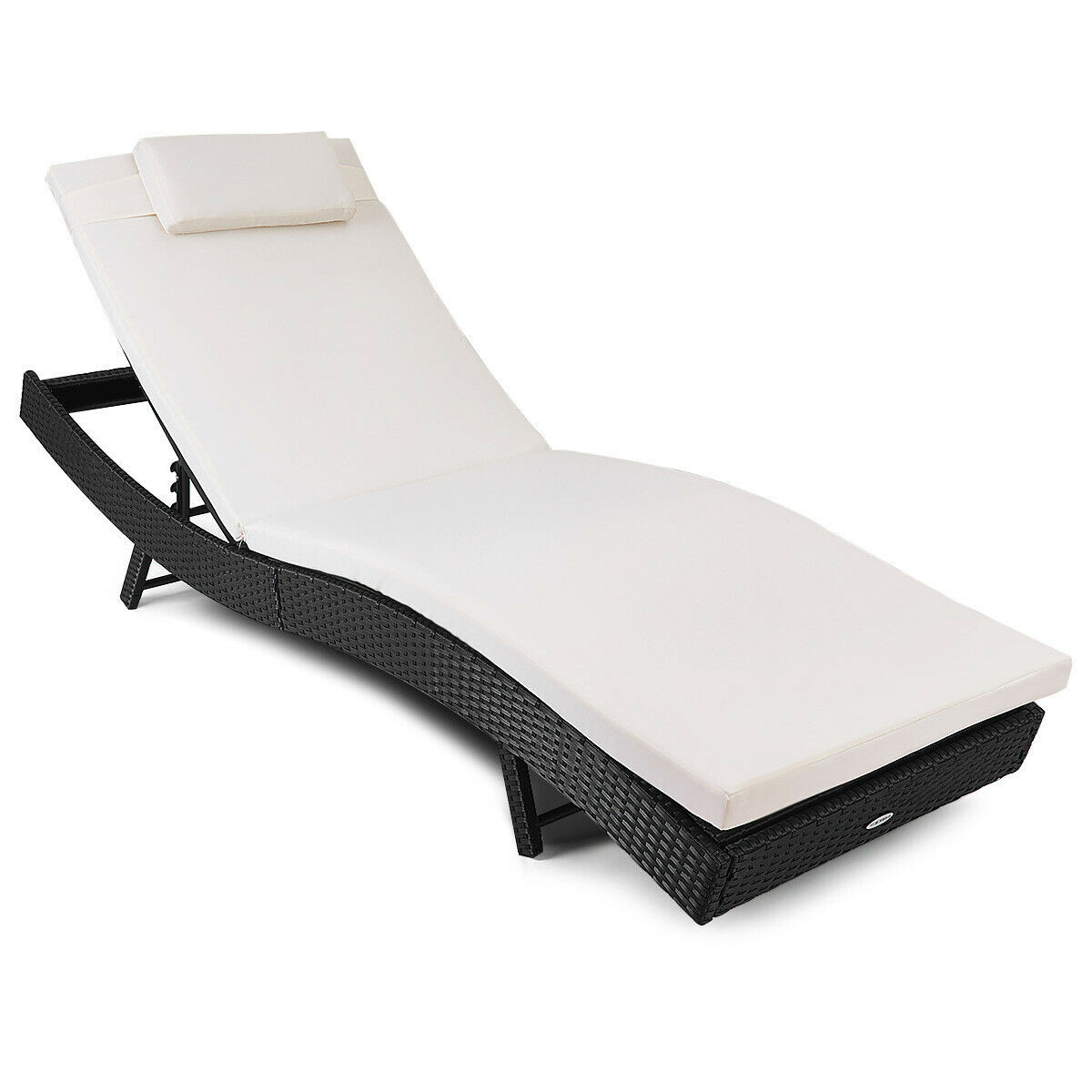A black wicker outdoor chaise lounge with a white cushion and adjustable backrest.