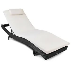 A black wicker outdoor chaise lounge with a white cushion and adjustable backrest.