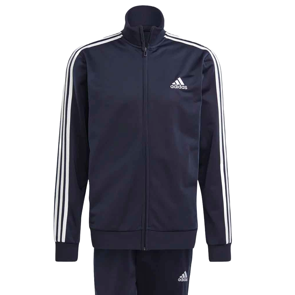Navy blue Adidas men's track suit with white stripes along the sleeves and legs. The jacket features a full zip front and the Adidas logo on the chest, while the matching pants have the logo on the upper leg.