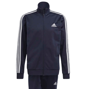 Navy blue Adidas men's track suit with white stripes along the sleeves and legs. The jacket features a full zip front and the Adidas logo on the chest, while the matching pants have the logo on the upper leg.