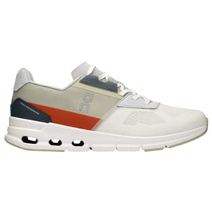 A white athletic shoe with a mesh upper, featuring accents in gray, olive, and orange. The design includes a distinctive sole with cutouts for flexibility and branding on the side.