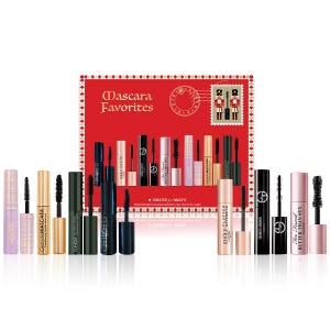 Mascara Favorites set from Macy's displaying various mascaras from brands like Clinique, Too Faced, and Giorgio Armani on a red, holiday-themed background.