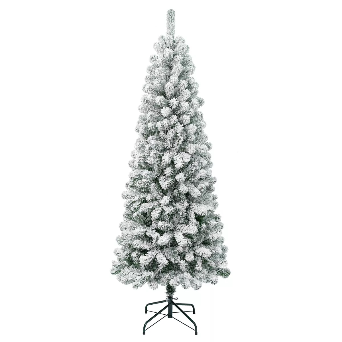 A 6-foot tall, slim artificial Christmas tree with thick branches and a full white flocking, supported by a sturdy metallic stand.