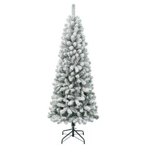 A 6-foot tall, slim artificial Christmas tree with thick branches and a full white flocking, supported by a sturdy metallic stand.