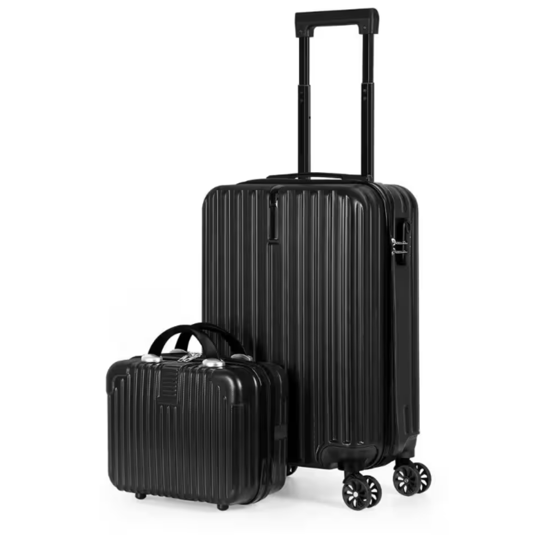 A set of black luggage with a hard-shell design, featuring a large rolling suitcase with a telescopic handle and a matching smaller case with handles.