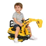 A child rides a yellow toy excavator with a handle and a seat, featuring black tracks and construction-themed decals.