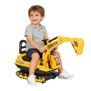 A child rides a yellow toy excavator with a handle and a seat, featuring black tracks and construction-themed decals.