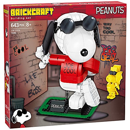 BRICKCRAFT Peanuts Joe Cool building set with 643 pieces, featuring Snoopy in sunglasses and a red shirt labeled \“JOE COOL,\“ recommended for ages 8 and up.