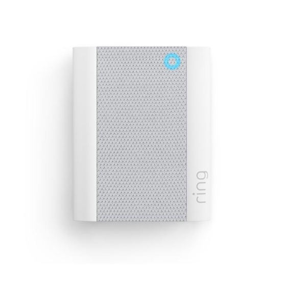 Ring Chime, a wireless doorbell chime with a white and gray design, features a blue LED indicator.
