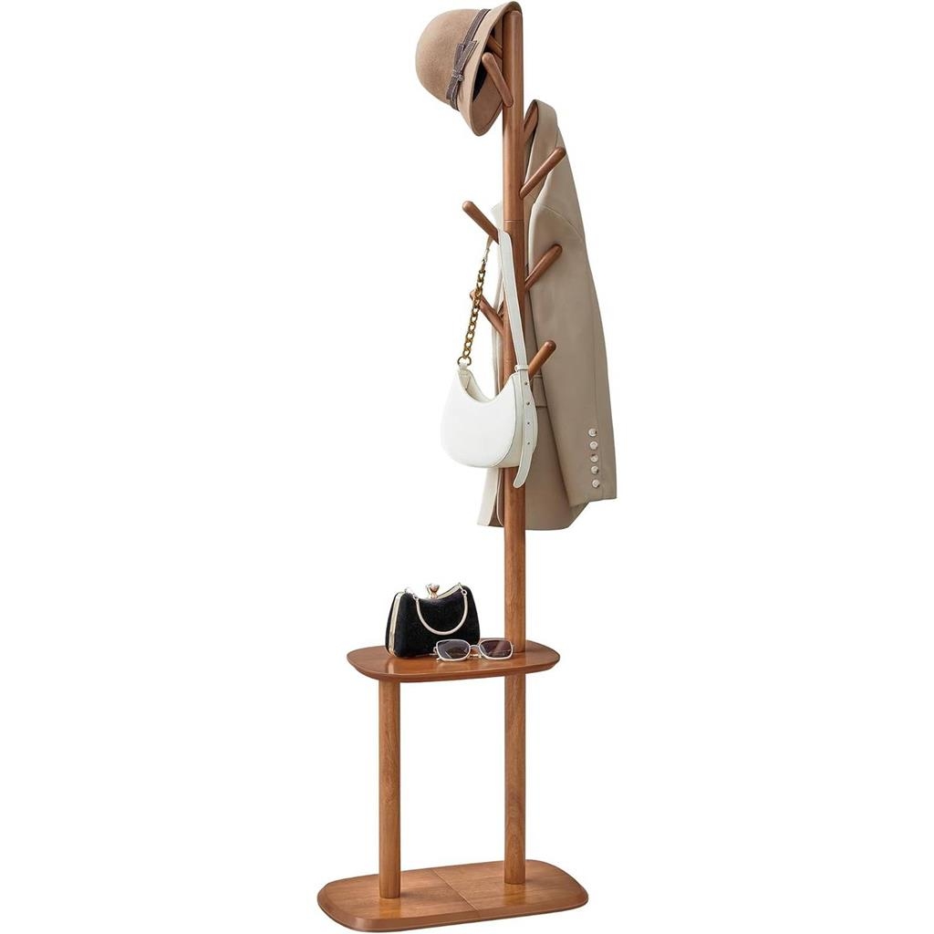 A wooden coat rack with a height of 67 inches featuring multiple hooks, a top platform displaying a hat and coat, and a lower shelf holding a handbag and sunglasses.