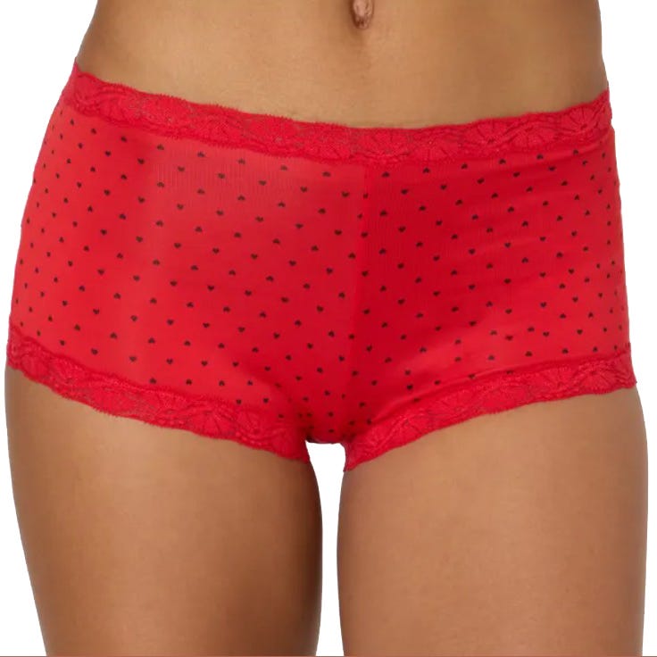 Red boyshort panties with small black heart pattern and lace trim.