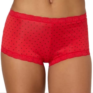 Red boyshort panties with small black heart pattern and lace trim.