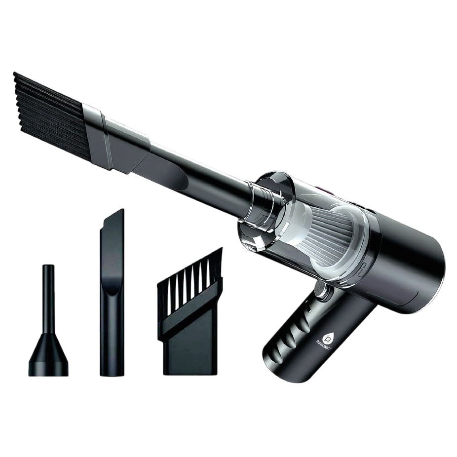 Handheld vacuum cleaner with multiple attachments, including a brush nozzle, narrow crevice tool, and wide brush attachment, designed for precision cleaning.