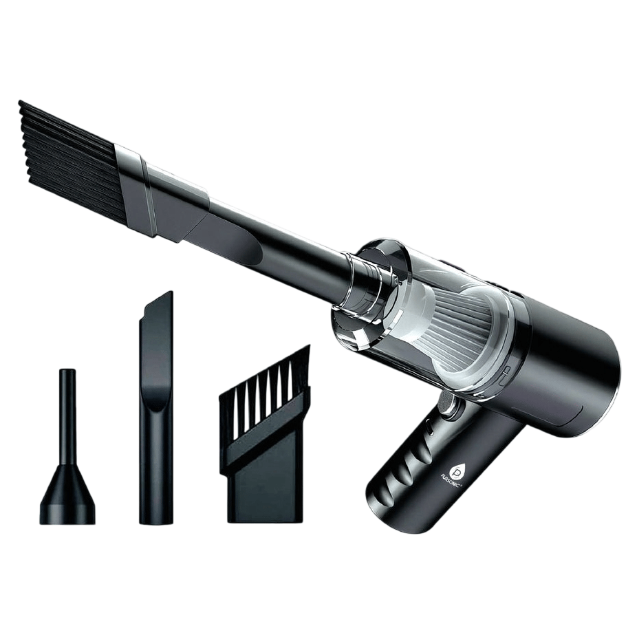 Handheld vacuum cleaner with multiple attachments, including a brush nozzle, narrow crevice tool, and wide brush attachment, designed for precision cleaning.
