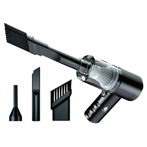 Handheld vacuum cleaner with multiple attachments, including a brush nozzle, narrow crevice tool, and wide brush attachment, designed for precision cleaning.