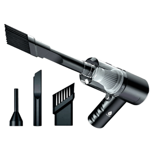 Handheld vacuum cleaner with multiple attachments, including a brush nozzle, narrow crevice tool, and wide brush attachment, designed for precision cleaning.