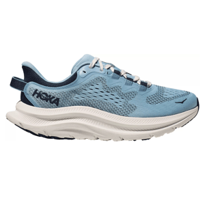 Light blue athletic shoe with white sole, featuring mesh fabric and dark blue detailing. Brand name \“HOKA\“ visible on the side.